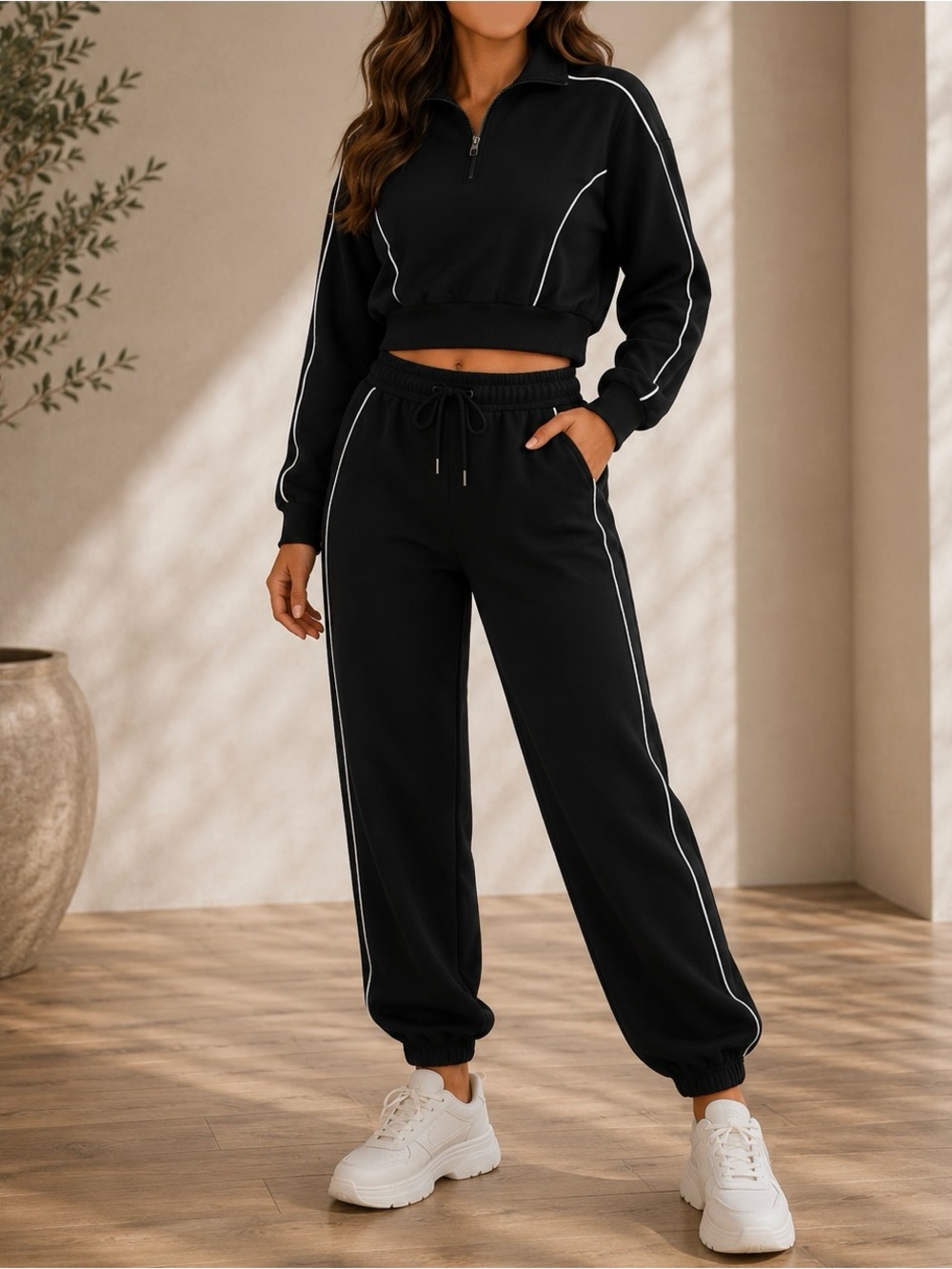 Jessica Simpson Black Track Jogger Set with White Piping